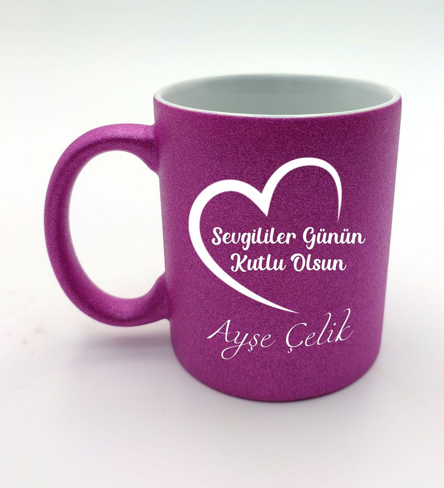 Sevgililer Günü Temalı Kişiye Özel Pembe Simli Kupa & Makyaj Aynası & Kar Küresi & Kesede Mini Sabun & Bubble Mum Hediye Seti