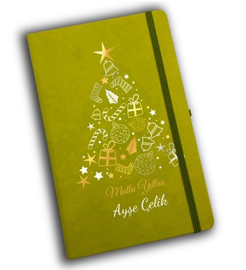 Kasa İçerisinde Çam Ağacı Mum & Kişiye Özel Yeşil Defter & Yeşil Tükenmez Kalem Hediye Seti