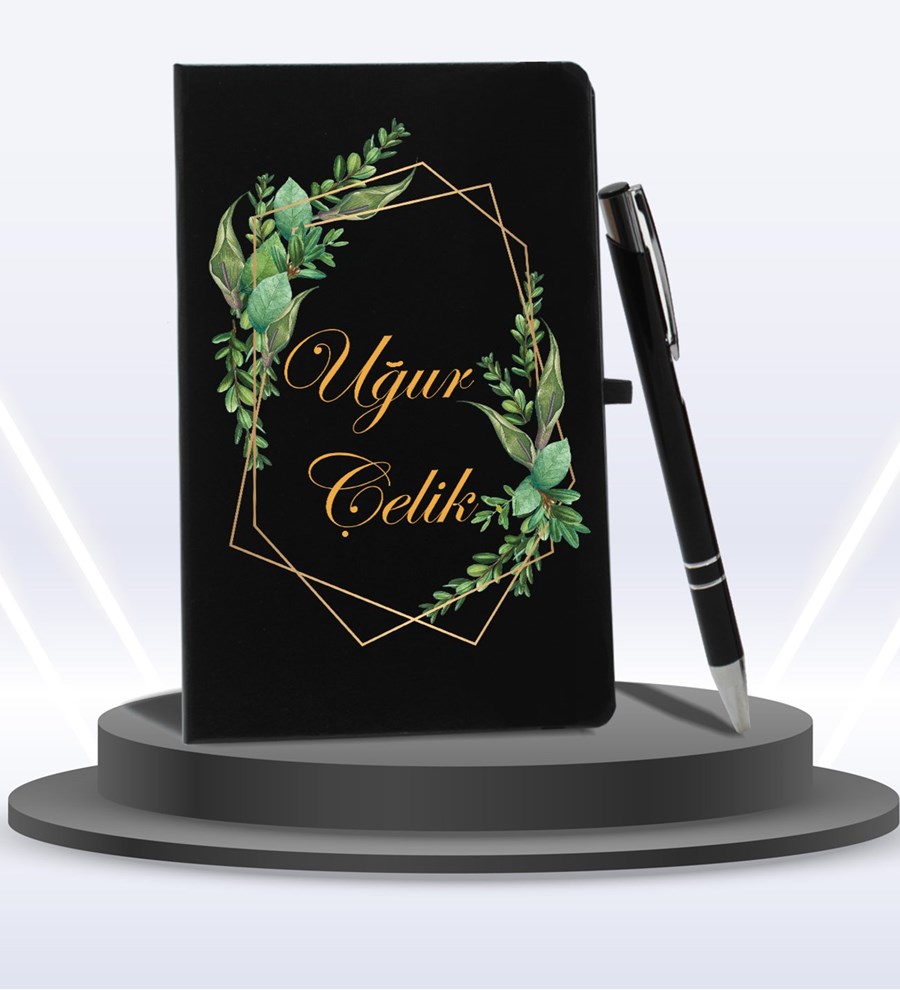 Kişiye Özel Siyah Ajanda Defter & Siyah Kupa & Roller Kalem & Cam Suluk Hediye Seti