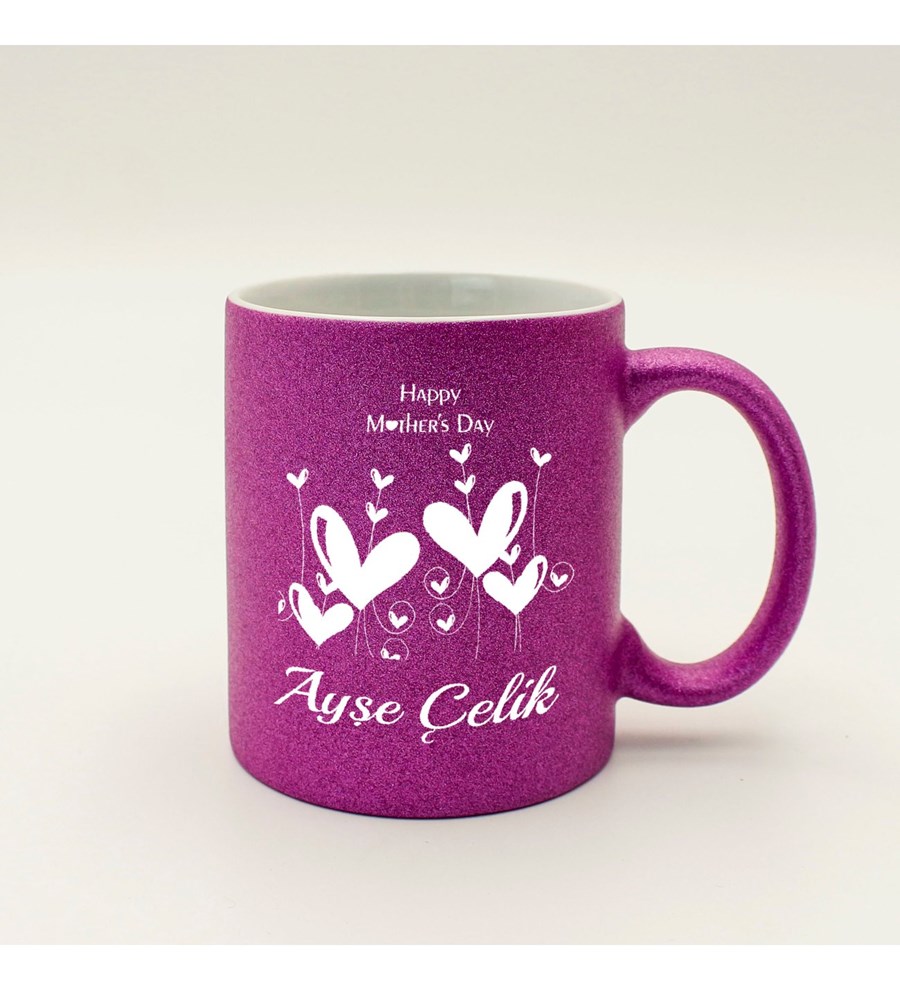 Anneler Gününe Özel Kişiye Özel Simli Mor Kupa & Gümüş Kaplama Melek Kolye & Nescafe Kahve Hediye Seti