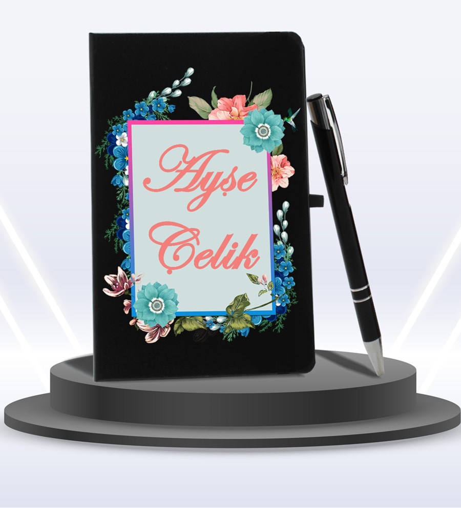 Kişiye Özel Siyah Ajanda Defter & Beyaz Kupa & Roller Kalem Hediye Seti