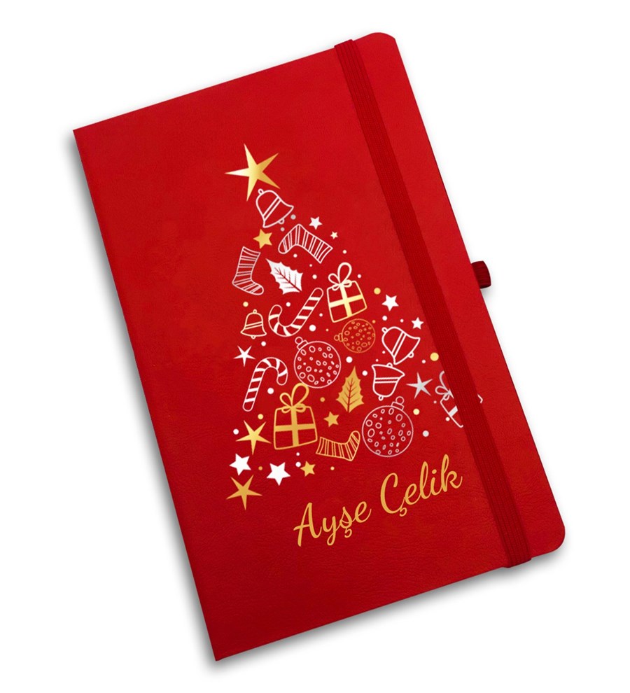 Hasır Sepetli Kişiye Özel Kırmızı Defter & Kırmızı Kupa & Kardan Adam & Kalem Hediye Seti