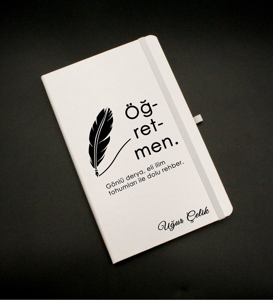 Öğretmenler Gününe Özel Tasarımlı İsim Soy İsimli Beyaz Defter & Kişiye Özel Siyah Fincan & Beyaz Roller Kalem & Mehmet Efendi Türk Kahvesi Hediye Seti