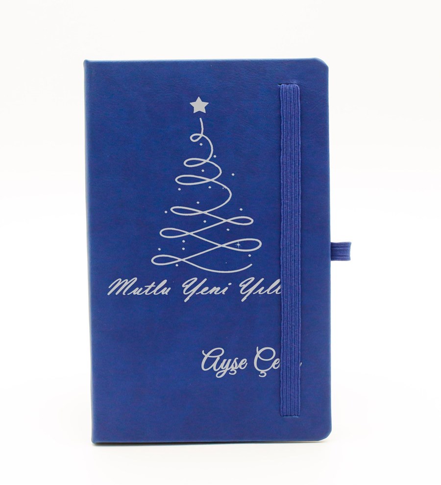Kişiye Özel Yılbaşı Temalı Mavi Defter & Beyaz Roller Kalem