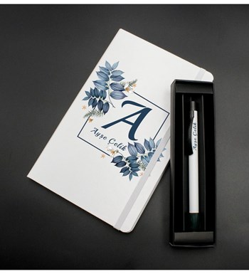 Kişiye Özel Beyaz Defter & Kişiye Özel Beyaz Tükenmez Kalem Hediye Seti
