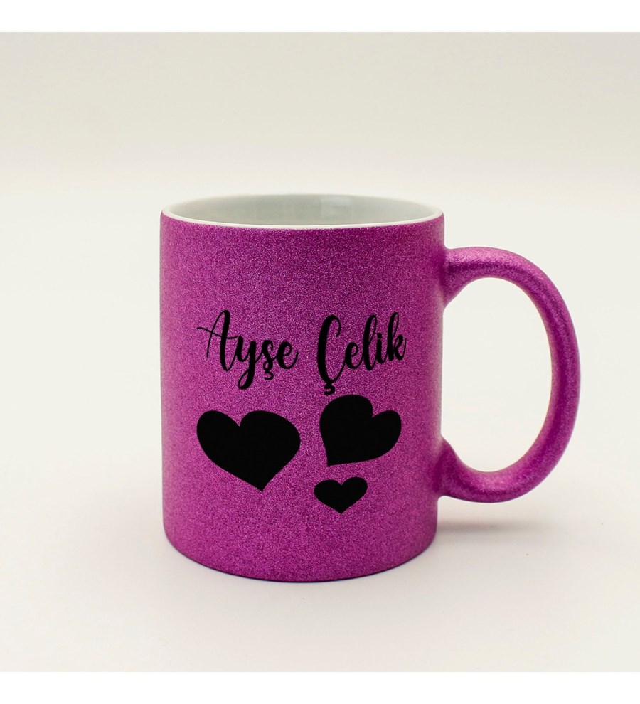 Kişiye Özel Simli Mor Kupa &  Ahşap Naturel Yelpaze & Kokulu Sabun & Nescafe Kahve Hediye Seti