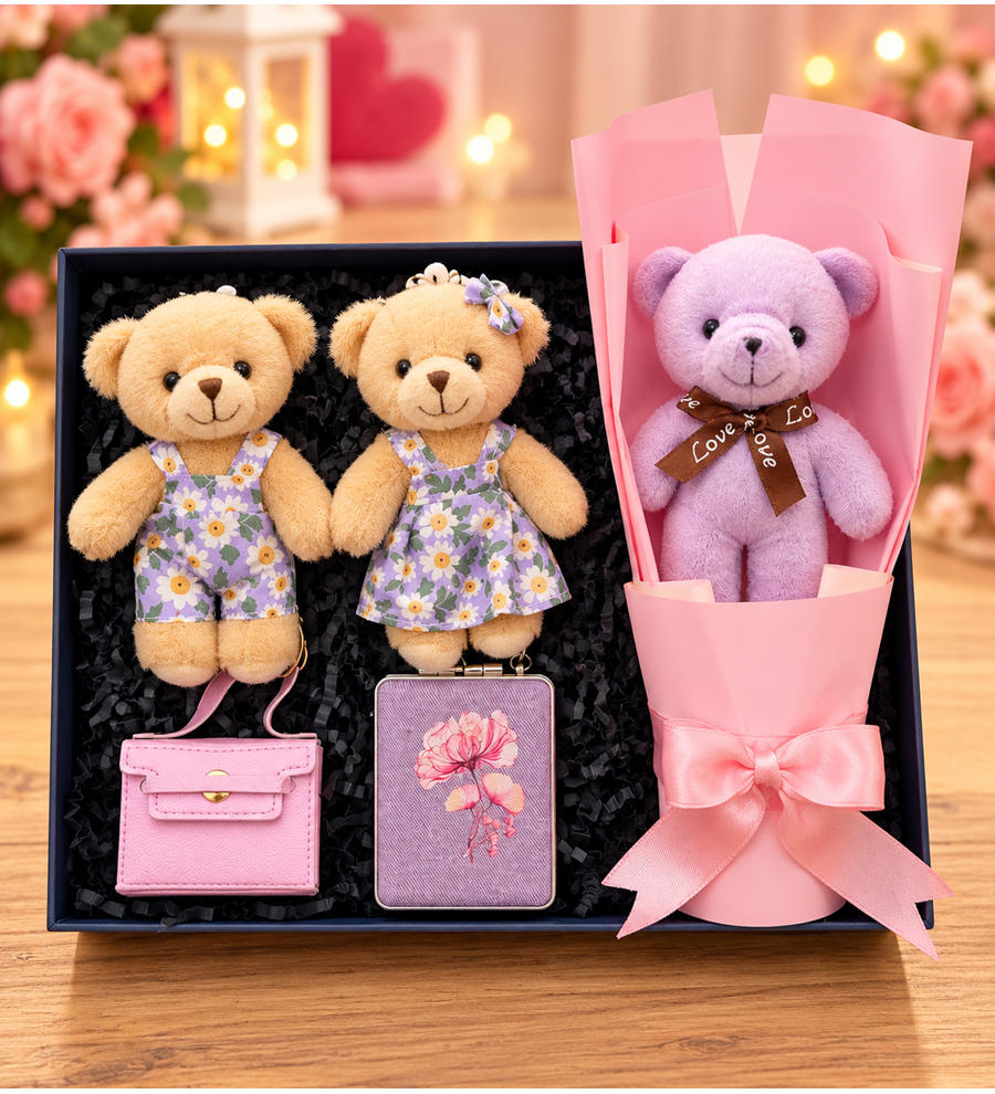 Mini Ayıcık Buketi Ayna Çanta Charmı ve Peluş Anahtarlık Hediye Seti
