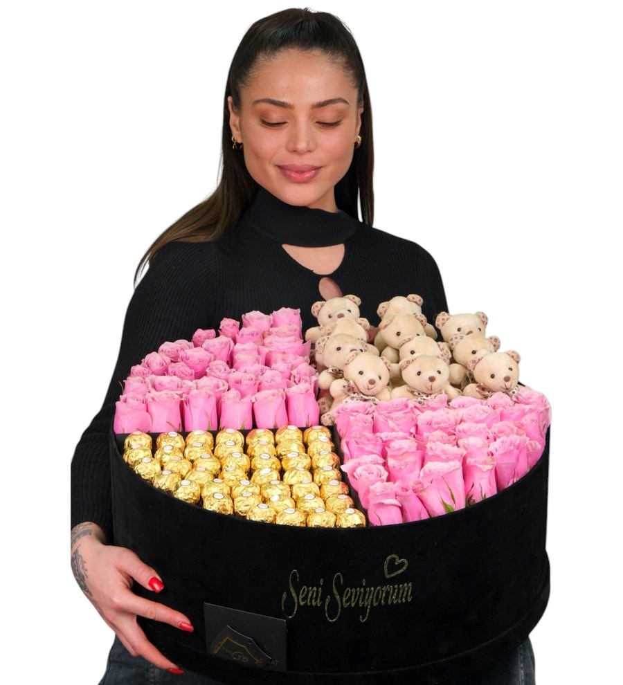 Dev Kutuda Pembe Güller Ayıcık ve Çikolata Vip