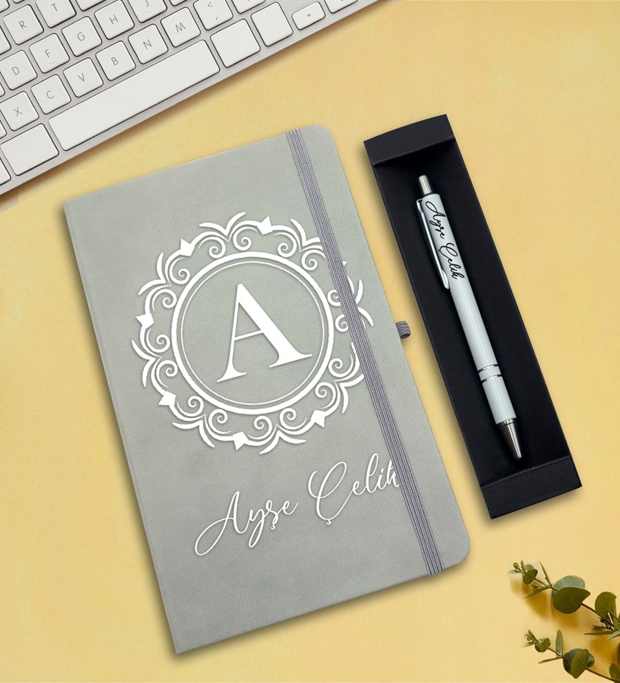 Kişiye Özel Defter & Kalem Hediye Seti (Gri)