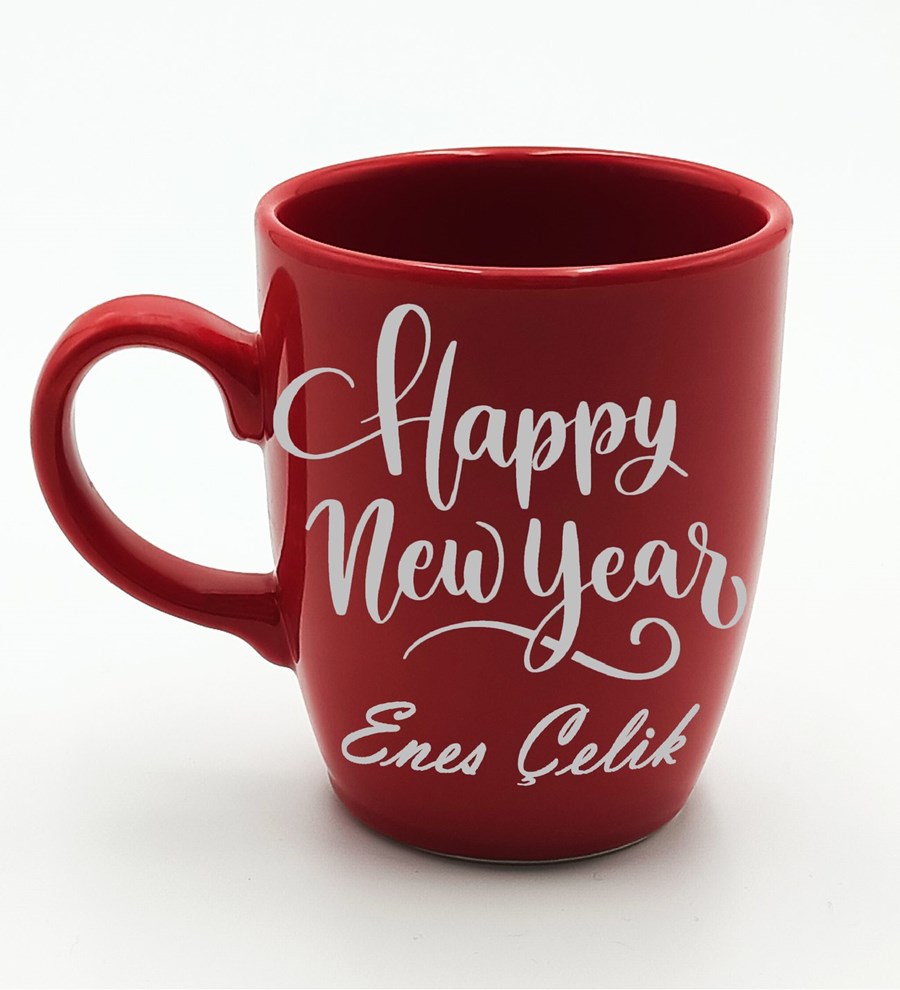 Kişiye Özel Happy New Years Temalı Kırmızı Kupa & Siyah French Press & Colombian Filtre Kahve Hediye Seti (Model 1)