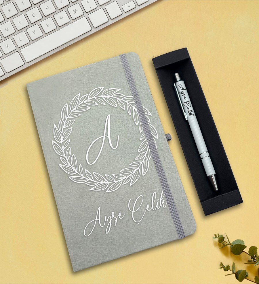 Kişiye Özel Defter & Kalem Hediye Seti (Gri)