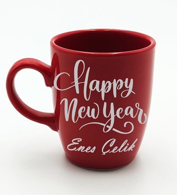 Kişiye  Özel  Happy New Year Temalı Kırmızı Kupa & H2O Kılıflı Cam Suluk & Jacobs Monarch Gold Kahve Hediye Seti (Model 1)