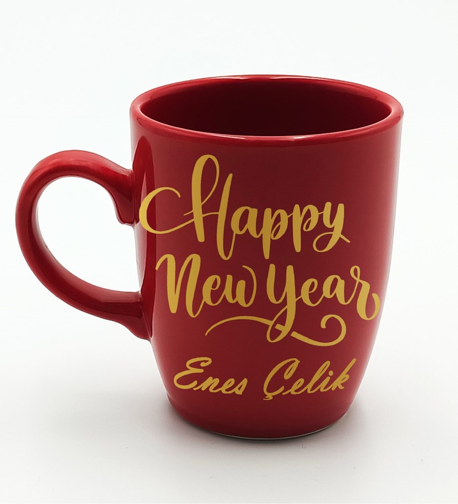 Kişiye Özel Happy New Years Temalı Kırmızı Kupa & Siyah French Press & Colombian Filtre Kahve Hediye Seti (Model 2)