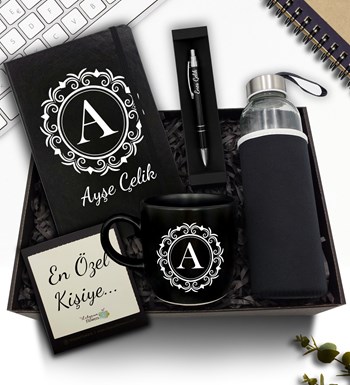 Lilyana Flowers - Kişiye Özel Siyah Defter & H2O Kılıflı Su Matarası & Siyah Kupa & Siyah Kalem Hediye Seti