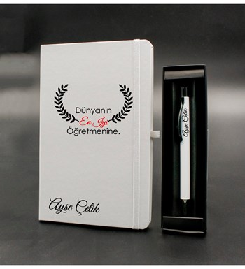 Öğretmenler Gününe Özel Tasarımlı İsim Soyisimli Beyaz Defter & Beyaz Tükenmez Kalem Hediye Seti