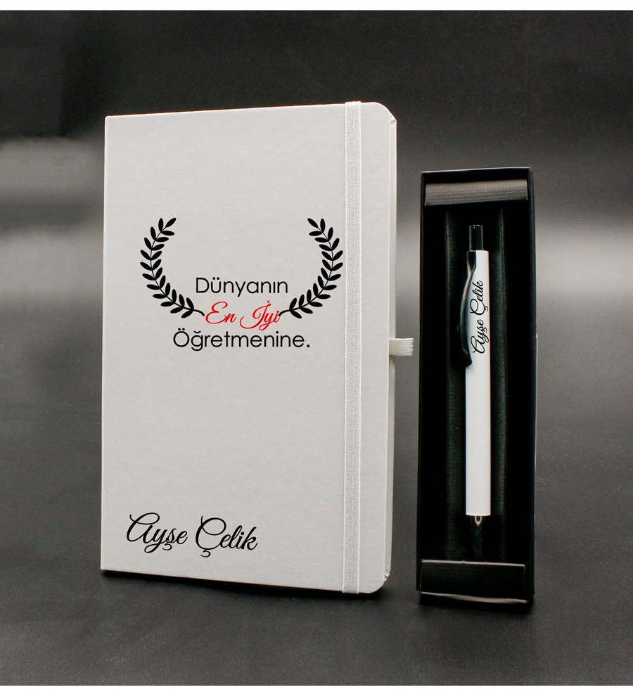 Öğretmenler Gününe Özel Tasarımlı İsim Soyisimli Beyaz Defter & Beyaz Tükenmez Kalem Hediye Seti