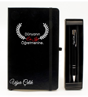 Öğretmenler Gününe Özel Tasarımlı Kişiye Özel Siyah Defter & Siyah Tükenmez Kalem Hediye Seti