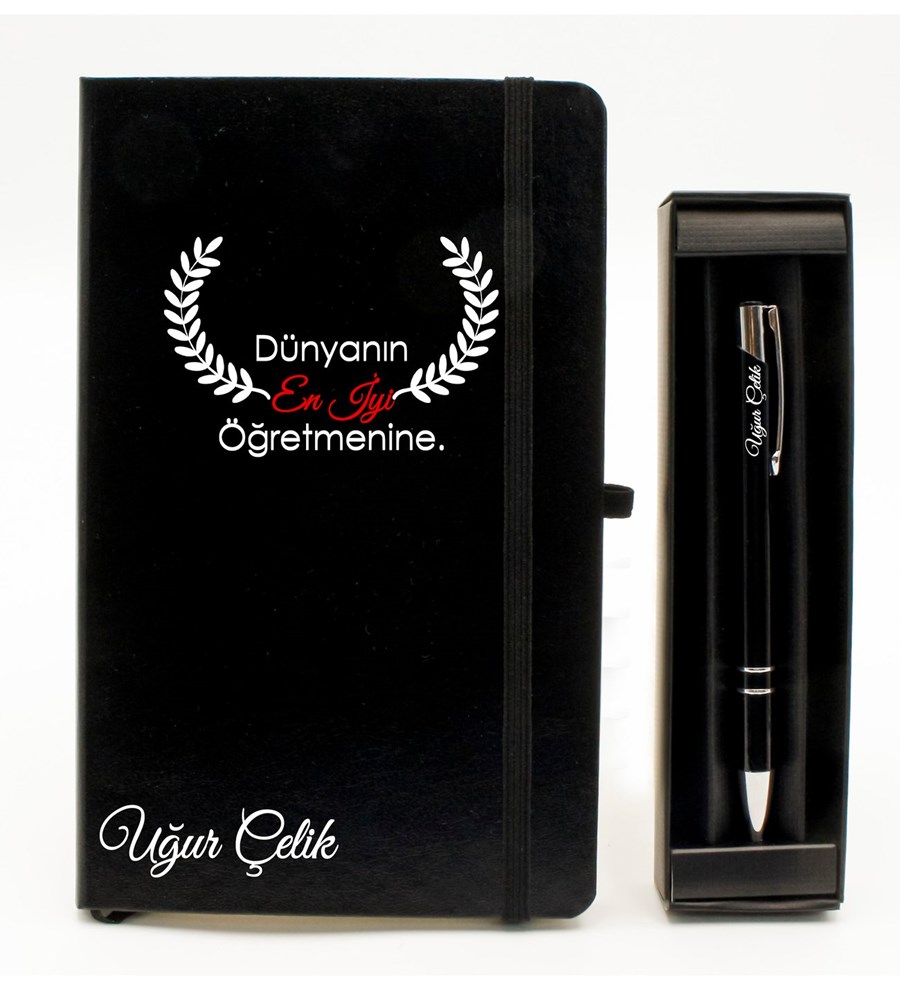 Öğretmenler Gününe Özel Tasarımlı Kişiye Özel Siyah Defter & Siyah Tükenmez Kalem Hediye Seti