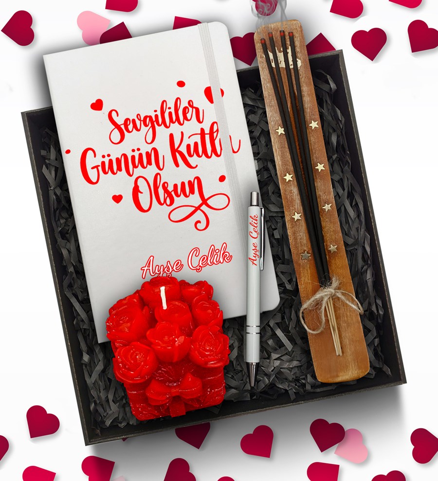 Sevgililer Günü Temalı Kişiye Özel Beyaz Defter & Beyaz Kalem & Çiçekli Bubble Mum & Çubuk Tütsü Hediye Seti