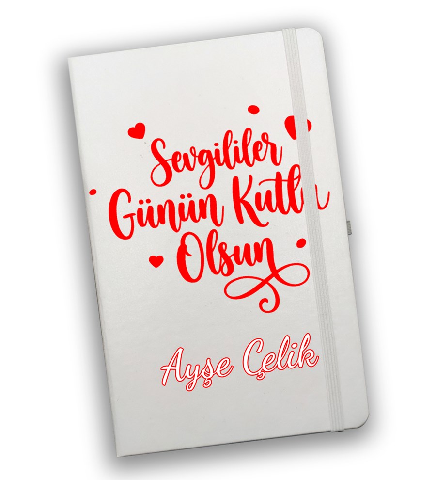 Sevgililer Günü Temalı Kişiye Özel Beyaz Defter & Beyaz Kalem & Çiçekli Bubble Mum & Çubuk Tütsü Hediye Seti