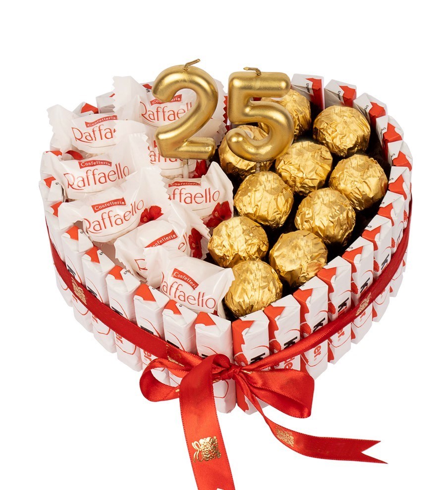 Kinder Kaplı Kalp Raffaello Gold Fındıklı Çikolata Mumlu