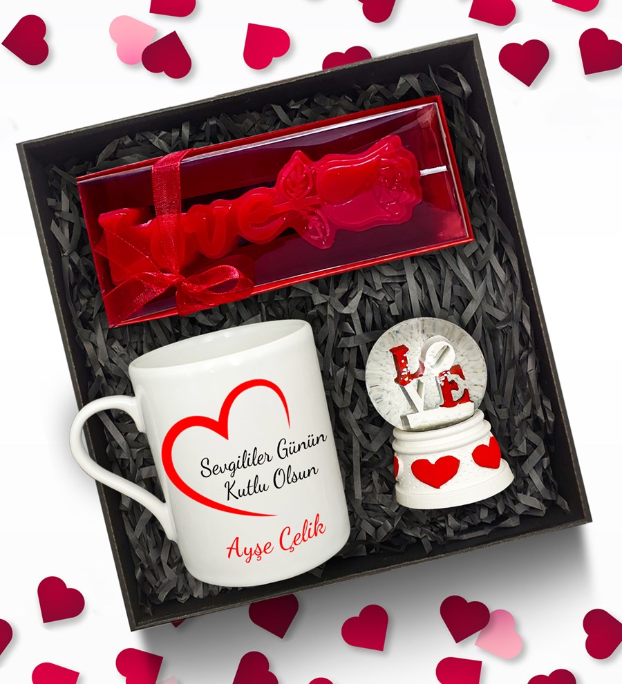 Sevgililer Günü Temalı Kişiye Özel Beyaz Kupa & Love Kar Küresi & Love Mum Hediye Seti