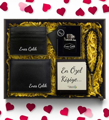 Lilyana Flowers - Sevgililer Günü Temalı Kişiye Özel Çakmak & Cüzdan & Kartlık & Tesbih Hediye Seti
