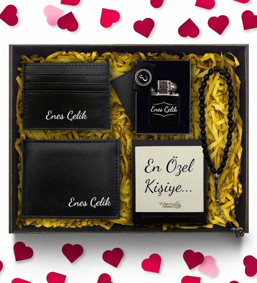 Sevgililer Günü Temalı Kişiye Özel Çakmak & Cüzdan & Kartlık & Tesbih Hediye Seti