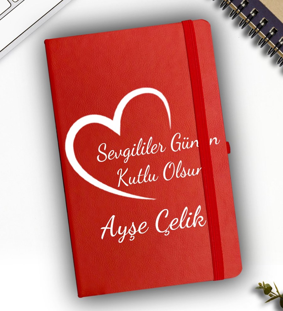 Kasa İçerisinde Sevgililer Günü Temalı Kişiye Özel Kırmızı Dereceli Termos & Kırmızı Defter & Kırmızı Kupa Hediye Seti