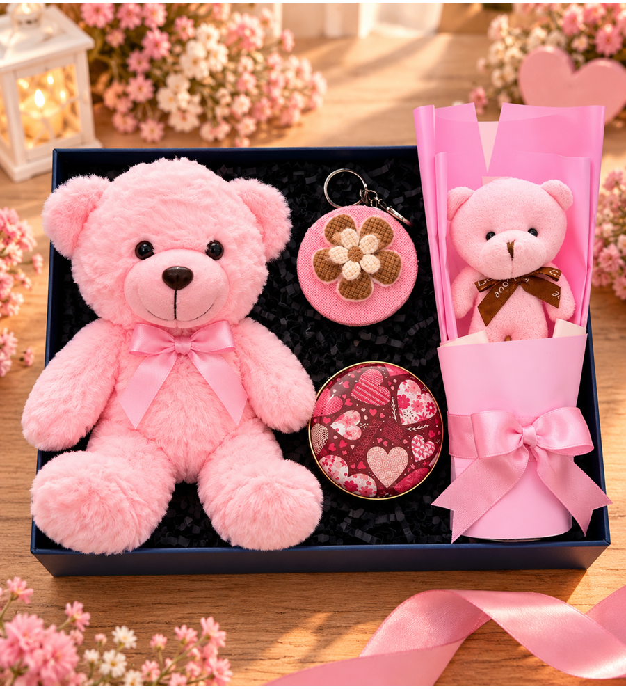 Peluş Oyuncak Mini Ayıcık Buketi Ayna Mum Hediye seti