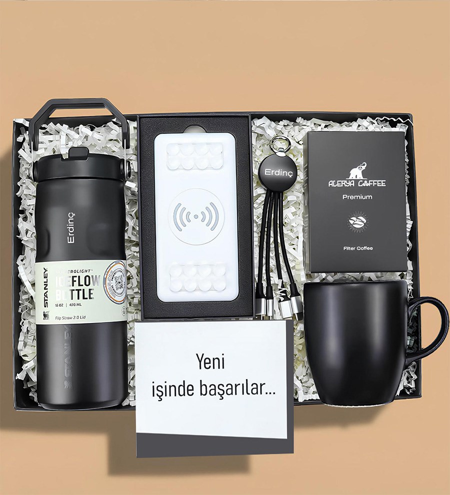 Stanley Termos Kupa Alerya Premium Filtre Kahve Çoklu Şarj Kablosu Siyah Renk Powerbank Hediye Seti