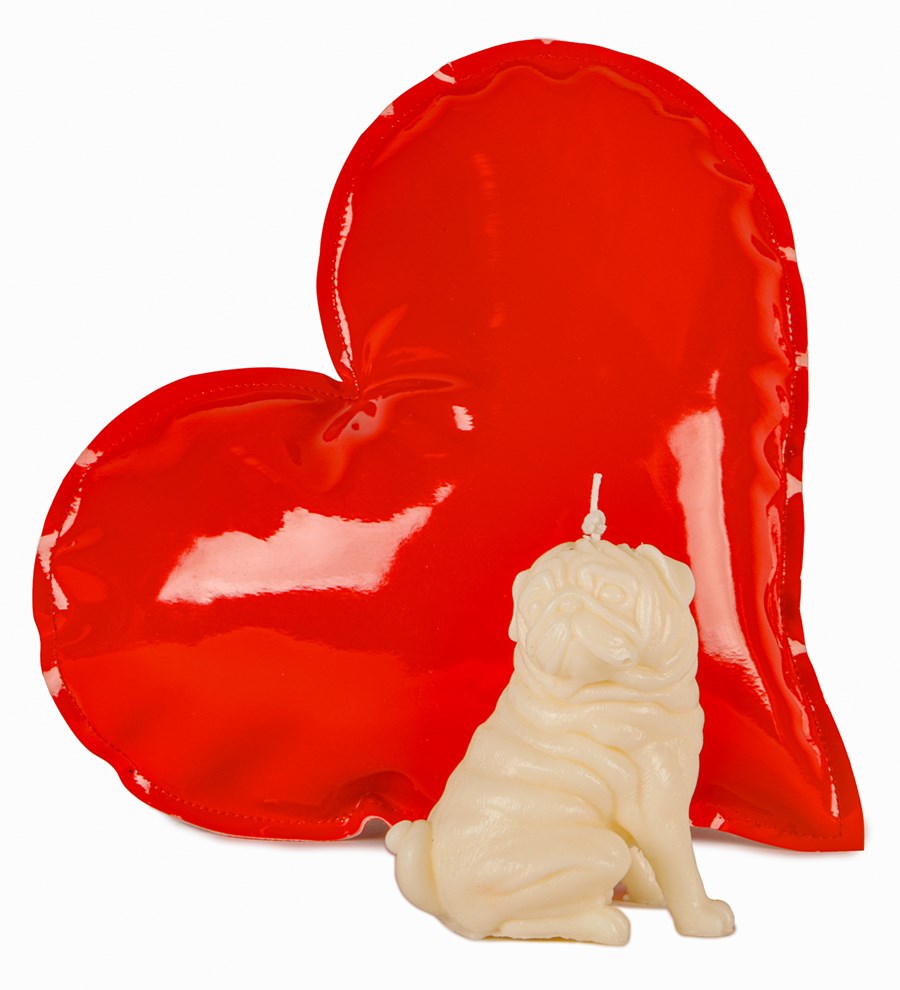 Kırmızı Rugan S Kalp Yastık ve Beyaz Pug Mum Seti