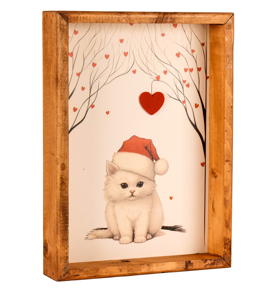 Kalp Baskılı Sevimli Kedi Ahşap Çerçeve