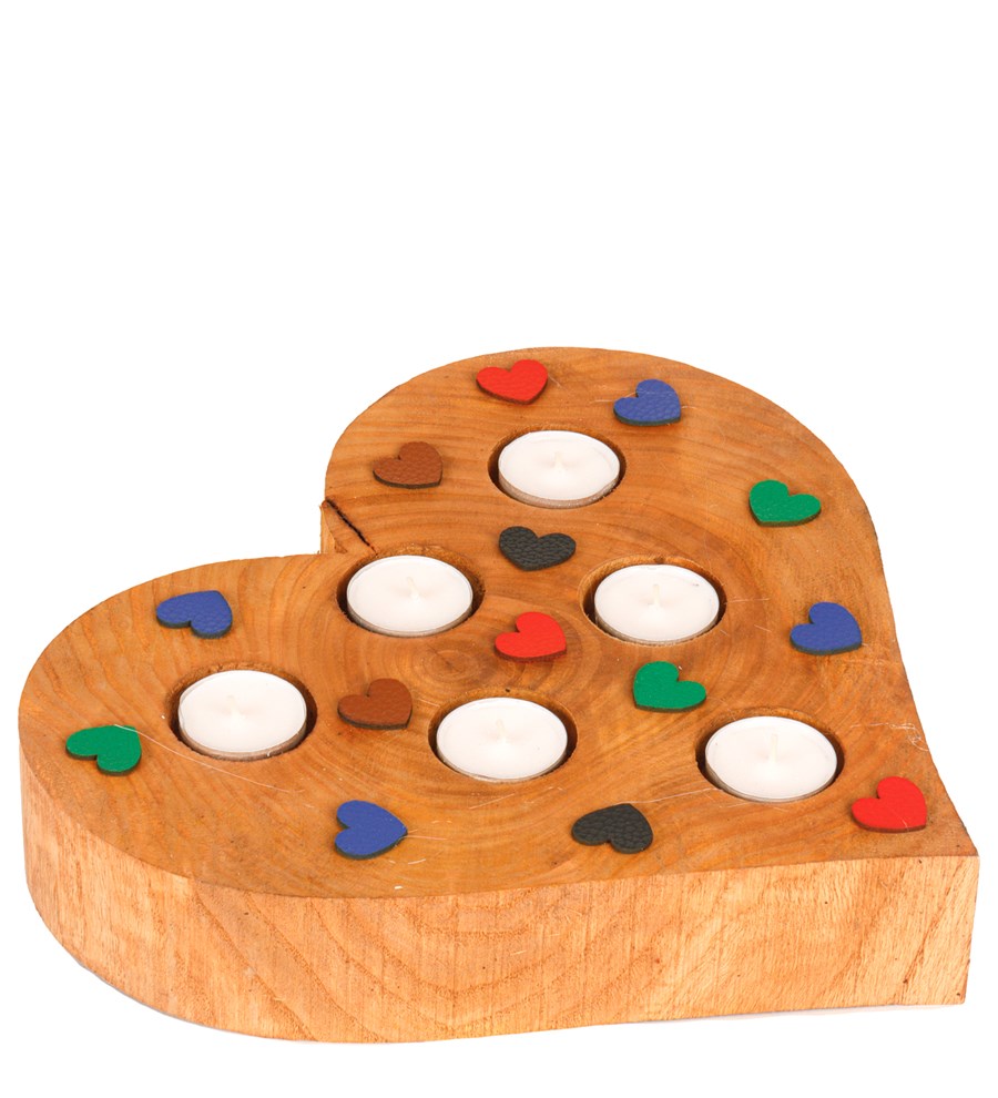Keçe Kalp Baskılı 6'lı Ahşap Tealight Mum