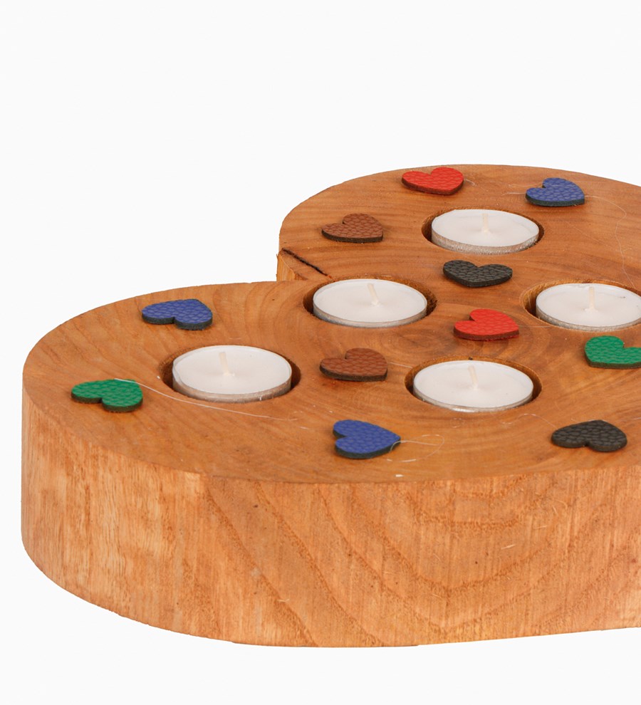 Keçe Kalp Baskılı 6'lı Ahşap Tealight Mum