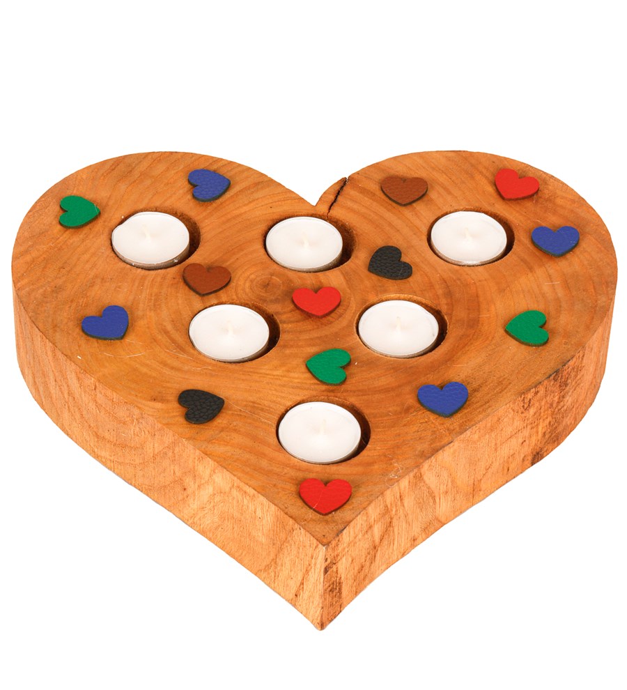 Keçe Kalp Baskılı 6'lı Ahşap Tealight Mum