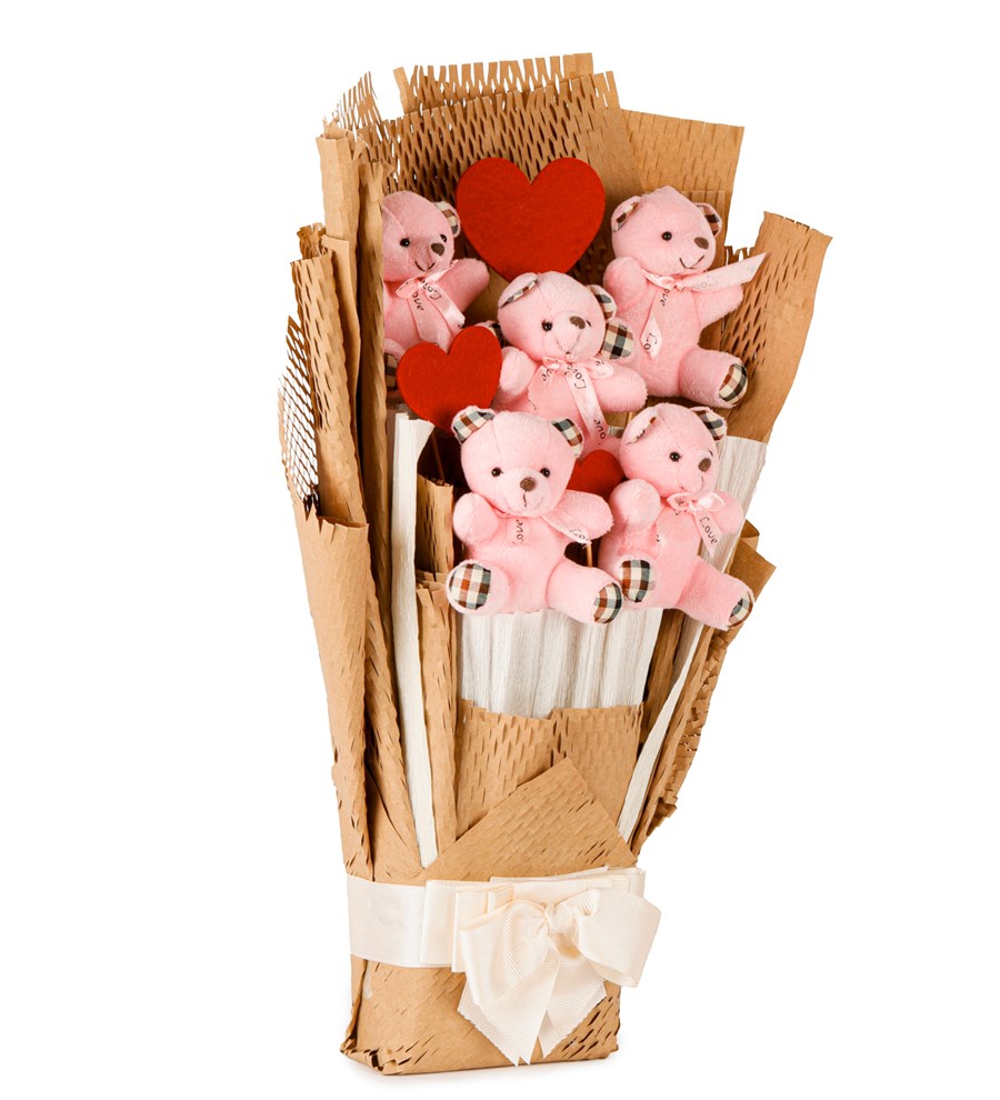 Kraft Serisi - Ekose Desenli Pembe Peluş Ayıcık Buketi