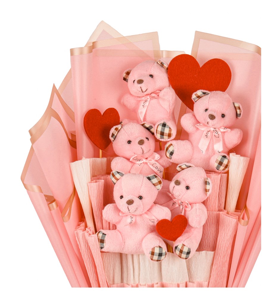 Pink Serisi - Ekose Desenli Pembe Peluş Ayıcık Buketi