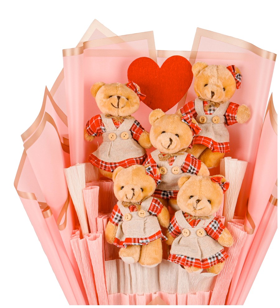 Pink Serisi - Ekose Elbiseli Peluş Ayıcık Buketi