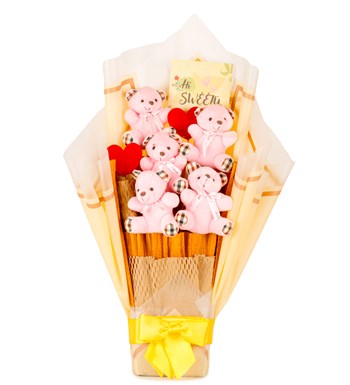 Yellow Serisi - Ekose Desenli Pembe Peluş Ayıcık Buketi