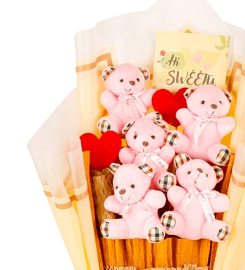 Yellow Serisi - Ekose Desenli Pembe Peluş Ayıcık Buketi