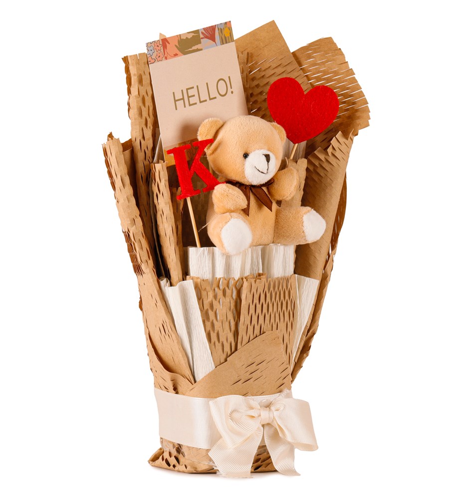 Little Kraft Serisi - Kişiye Özel Keçe Baskılı Harf ve Peluş Ayıcık Buketi