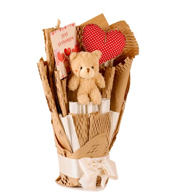 Little Kraft Serisi - Kalp Yastık ve Alyanak Peluş Ayıcık Buketi