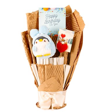 Little Kraft Serisi - Happy Birthday Peluş Sevimli Mavi Penguen Buketi