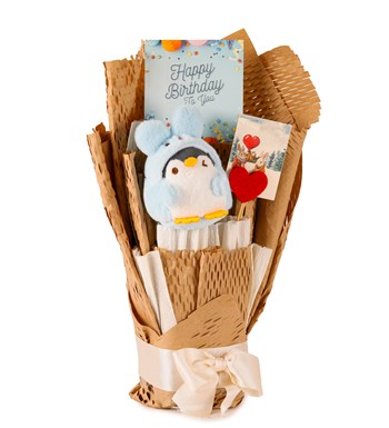 Little Kraft Serisi - Happy Birthday Peluş Sevimli Mavi Penguen Buketi
