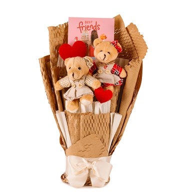 Little Kraft Serisi - Best Friends Ekose Elbiseli Peluş Ayıcık Buketi