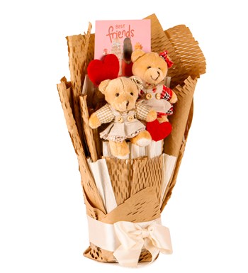 Little Kraft Serisi - Best Friends Ekose Elbiseli Peluş Ayıcık Buketi