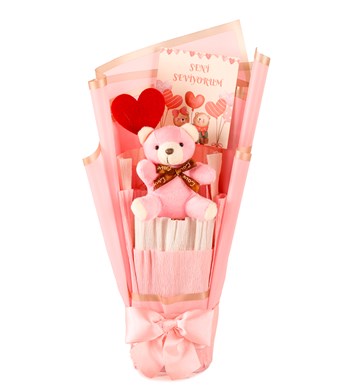 Little Pink Serisi - Seni Seviyorum Pembe Peluş Ayıcık Buketi