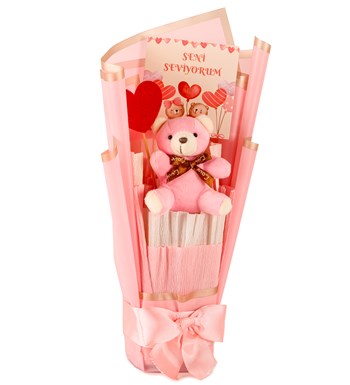 Little Pink Serisi - Seni Seviyorum Pembe Peluş Ayıcık Buketi