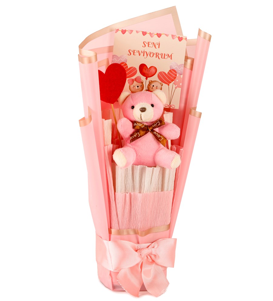 Little Pink Serisi - Seni Seviyorum Pembe Peluş Ayıcık Buketi